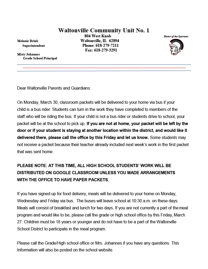 Packet Pickup & Lunch Update Week of 3/23/20